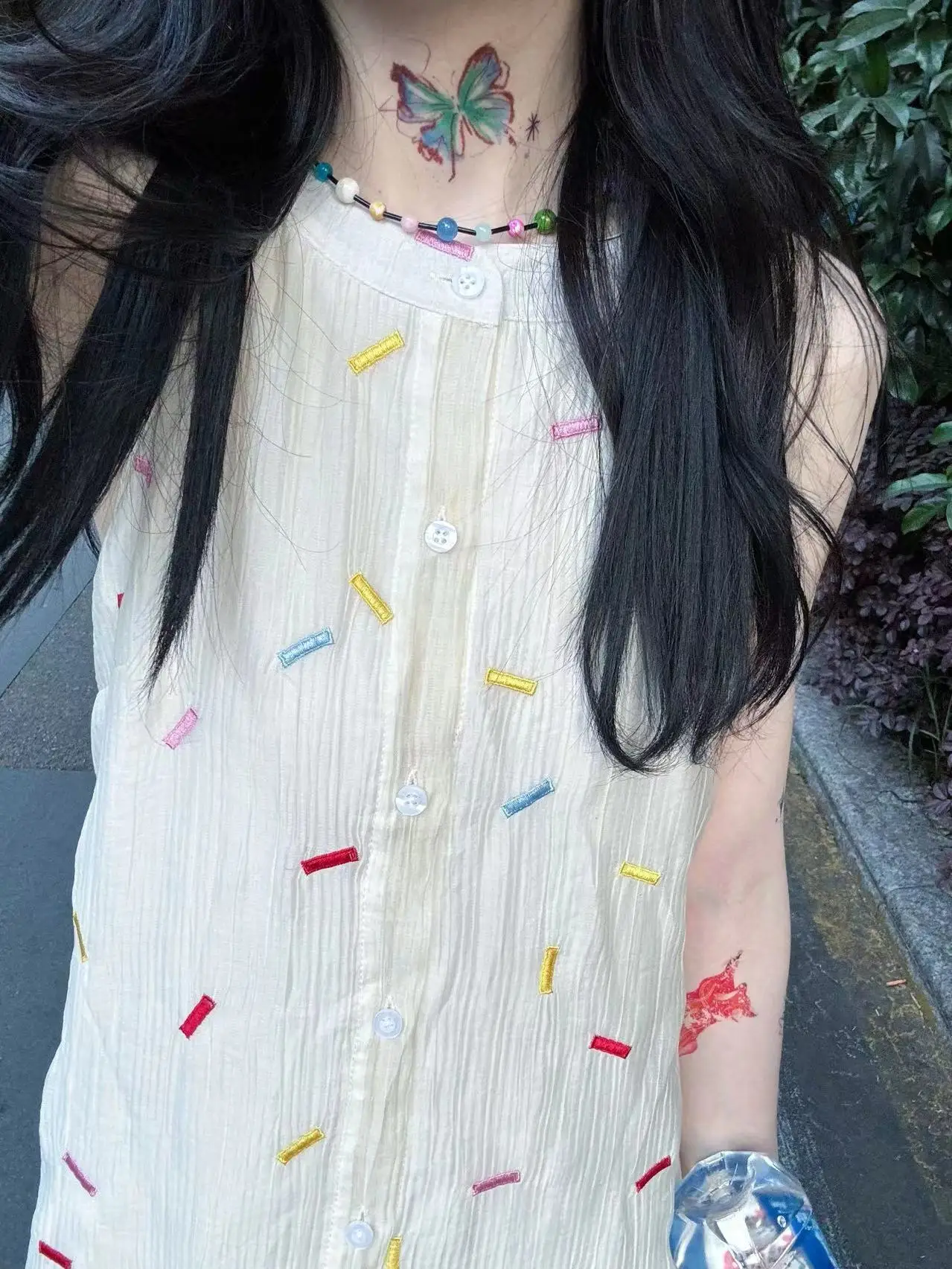 

4video Loose Cotton Embroidered Dr Vertical Stripes Cute Fre Sle Women's Summer Gown Princ Sve High Waist