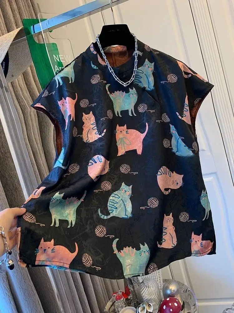 

Повседневная свободная тонкая рубашка в стиле ретро, новый топ в китайском стиле, лето 2025 года, рубашка с короткими рукавами и принтом кота, женская одежда