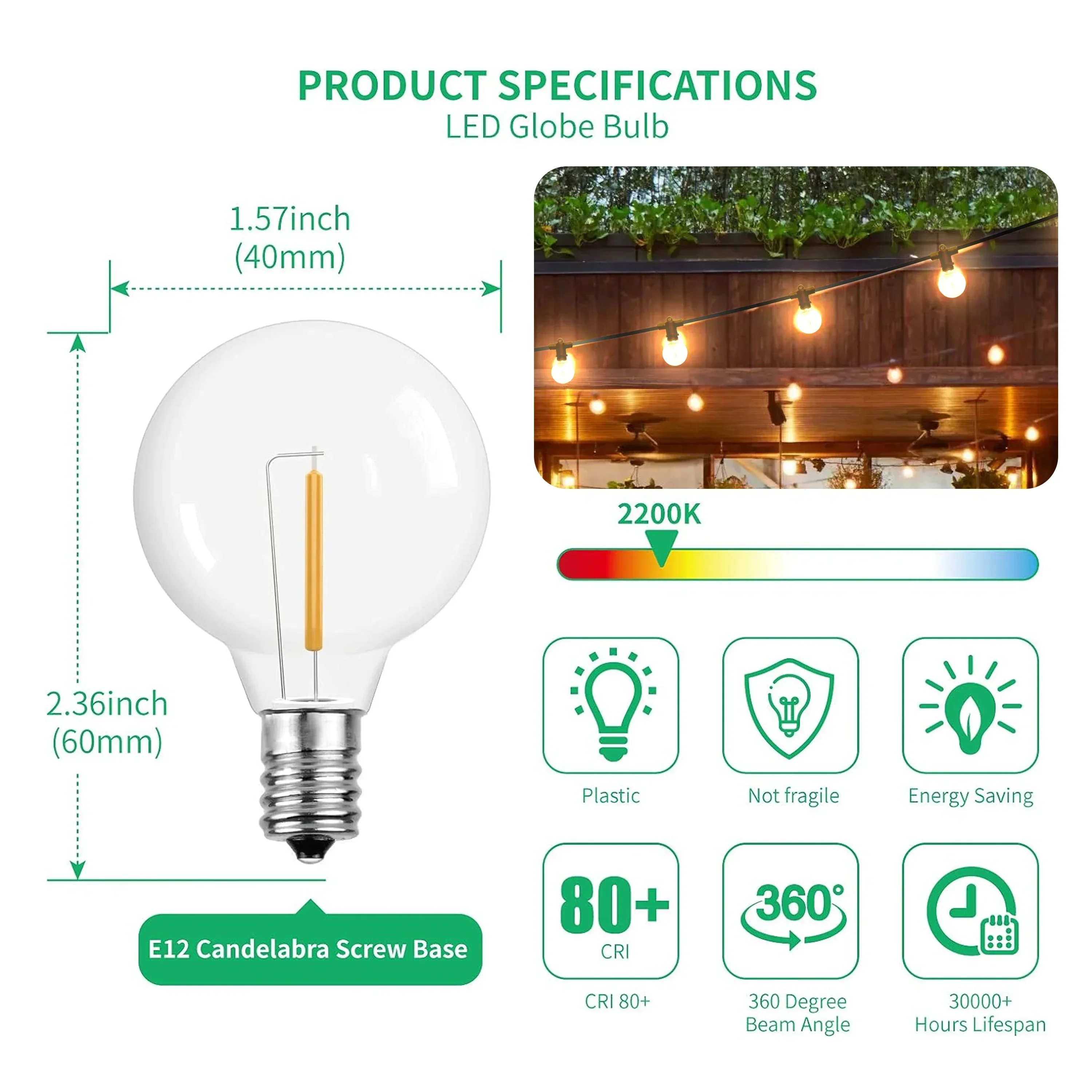 Festoon Outdoor Christmas led Lights Retro G40 Bulb Warm White IP65 Copper Fairy String Lights For New Year\'s Garland Decoration