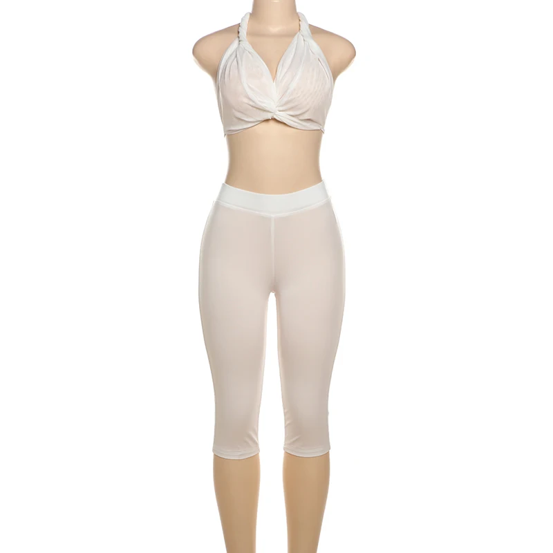 Feminino 2 peça conjunto novo combinando conciso halter bandagem ruched colheita tanques + shorts de estiramento fino feminino sexy clássico clubwear