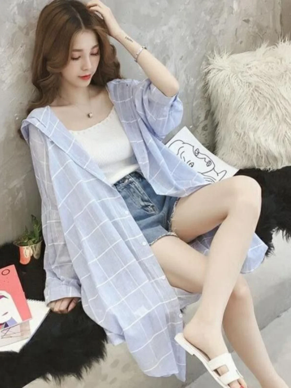 Summer Women's Loose Long Sleeve Sun Protection Shirt Thin Medium Length Hat Grid Outerwear Casual Comfortable Top Coat