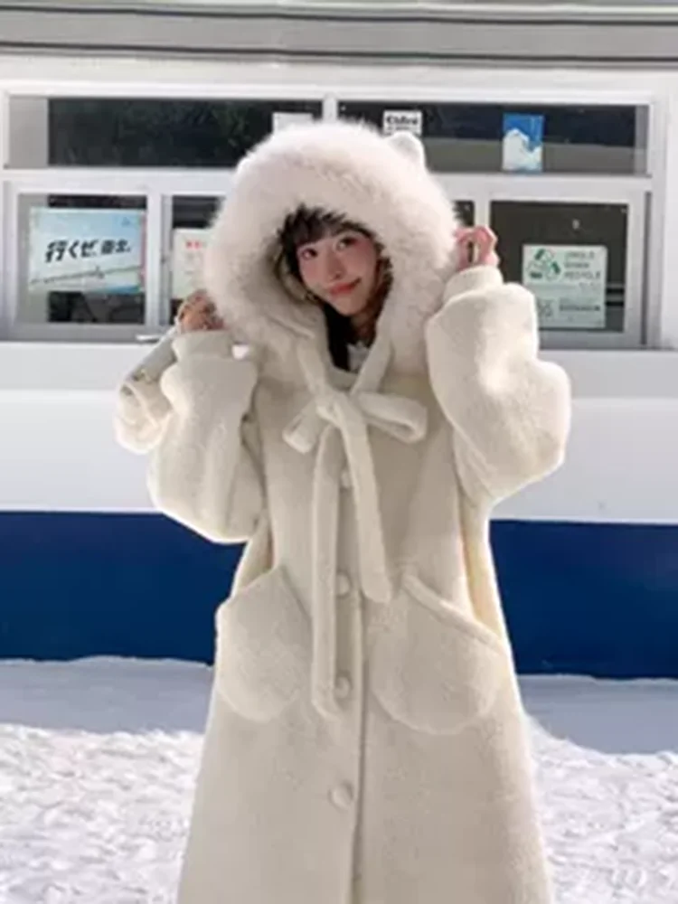 

Cute White Woolen Coat Women's Winter New Plu Ears Hooded Mid-Length Woolen Jaet Korean Sle Straight Cut Button Splice