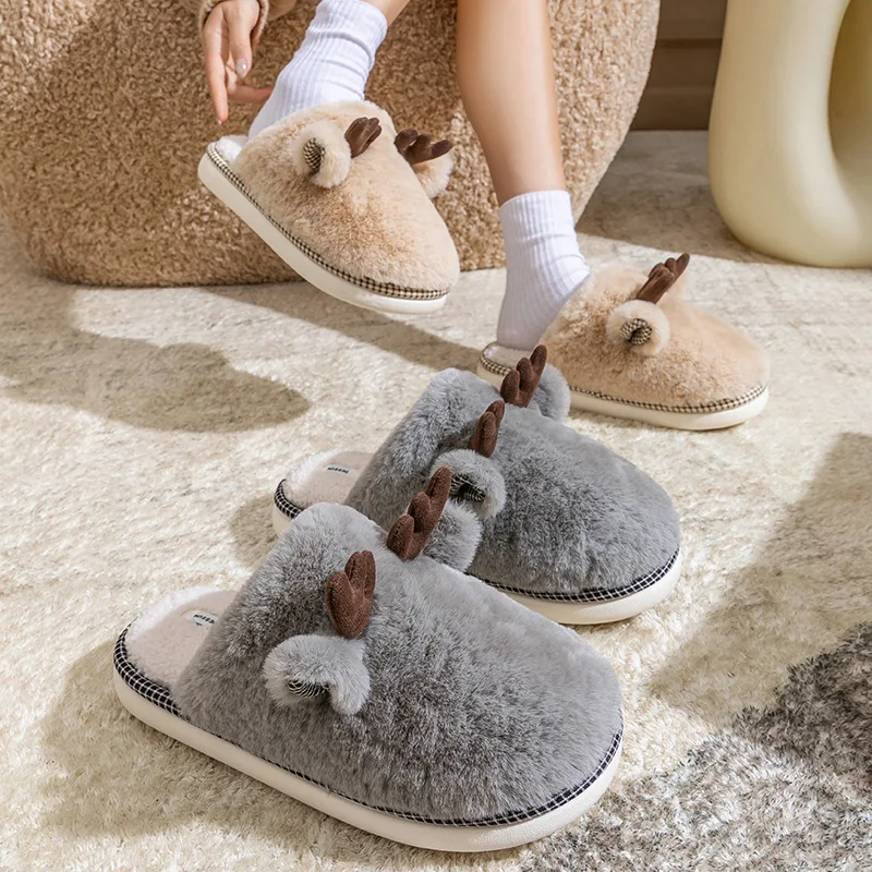 Fluffy Fur Soft Thick Bottom Indoor Slippers Women 2025 Winter Antlers Decorated Furry Christmas Slippers Couple's Home Slides - Image 2