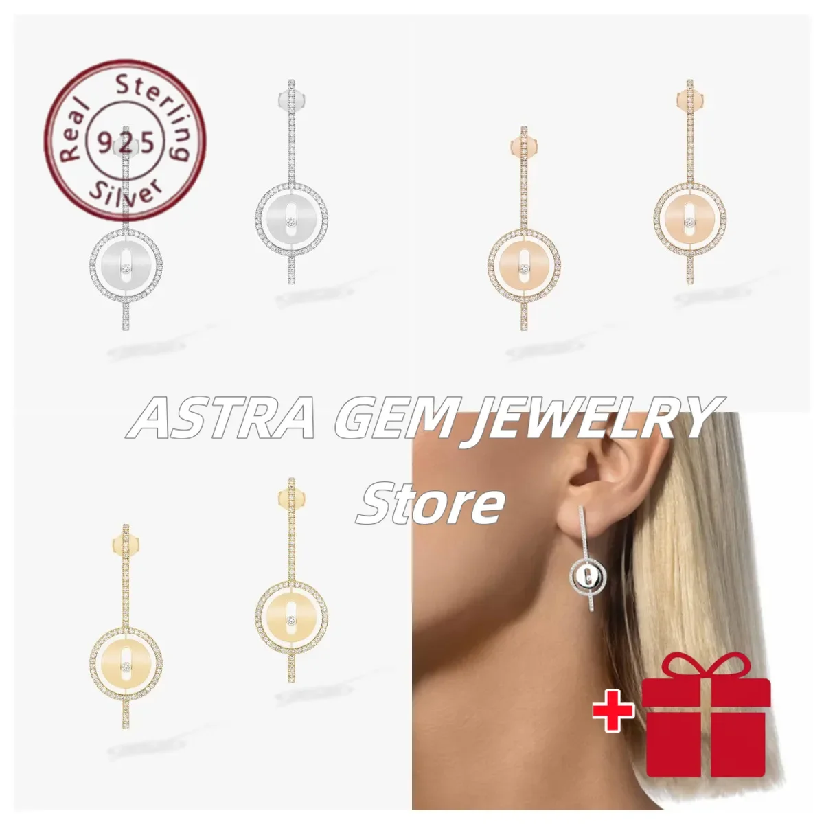 

S925 Sterling Silver Brilliant Lucky Move Diamond Round Earrings Women Luxury Jewelry Brand Girl's Party GiftFashion Accessories