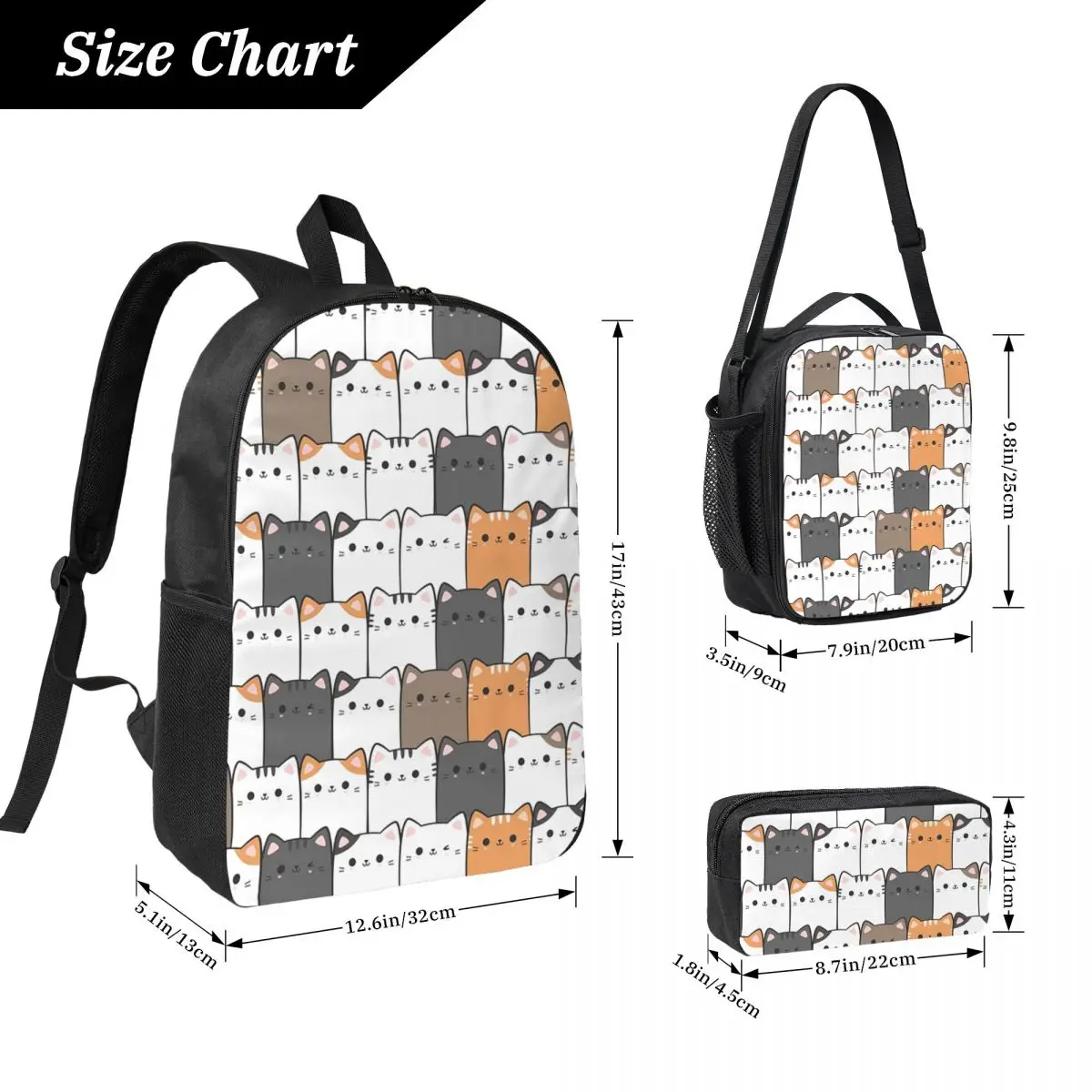 Cute Colorful Kitten Cat Cartoon Backpack Boys Girls BookBag School Bag Laptop Shoulder Bags 3ps Insulated Lunch Bag Pencil Case