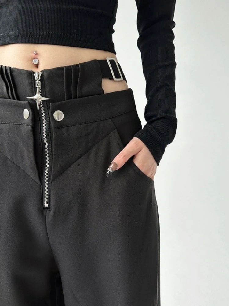 Qweek-pantalones holgados negros para mujer, pantalones Cargo de retazos de cintura alta con cremallera Vintage, ropa de calle Punk, pantalones de gran tamaño, gótico Y2k