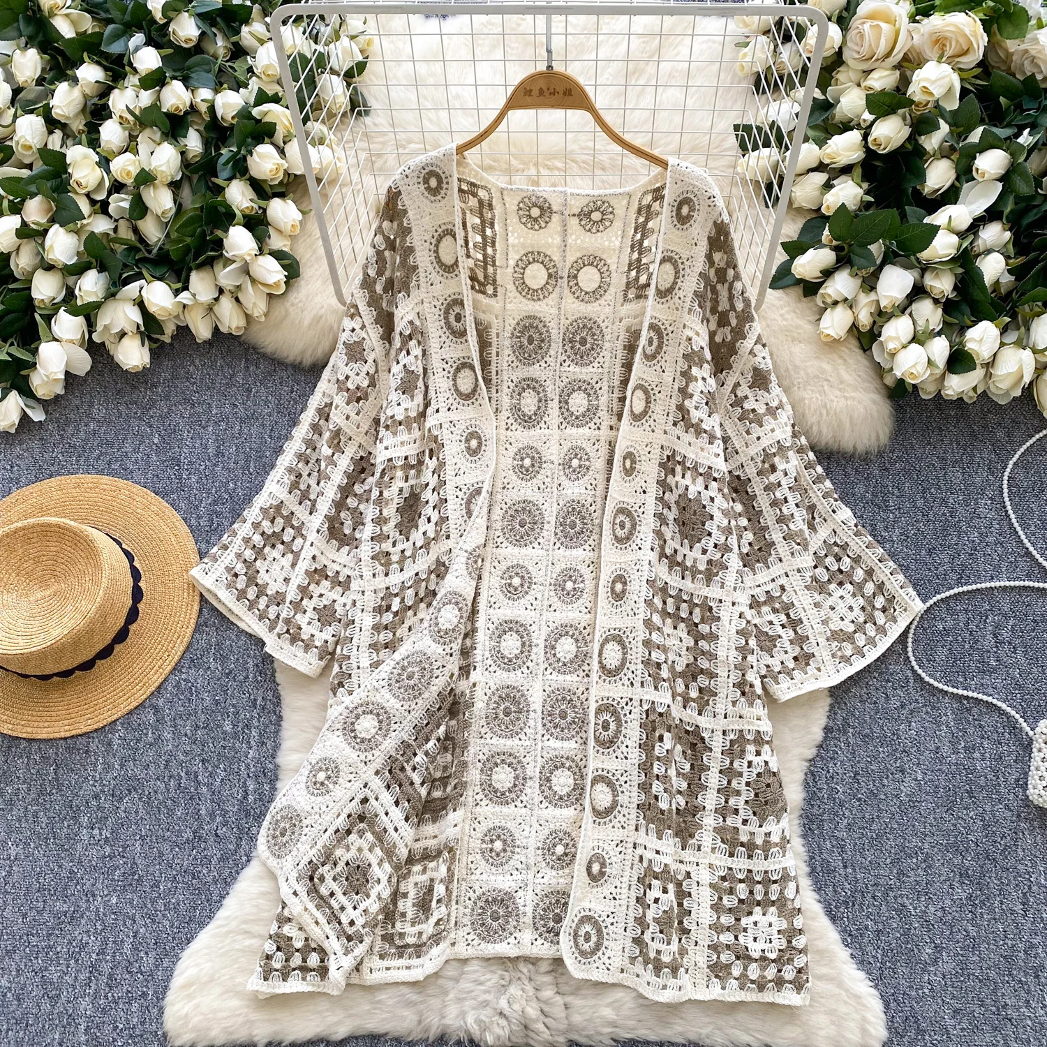 

Chic vintage Knit hollow out Elegant Fashion Sexy cardigan Shirt one-piece bohemian Summer Beach Women Blouse Women