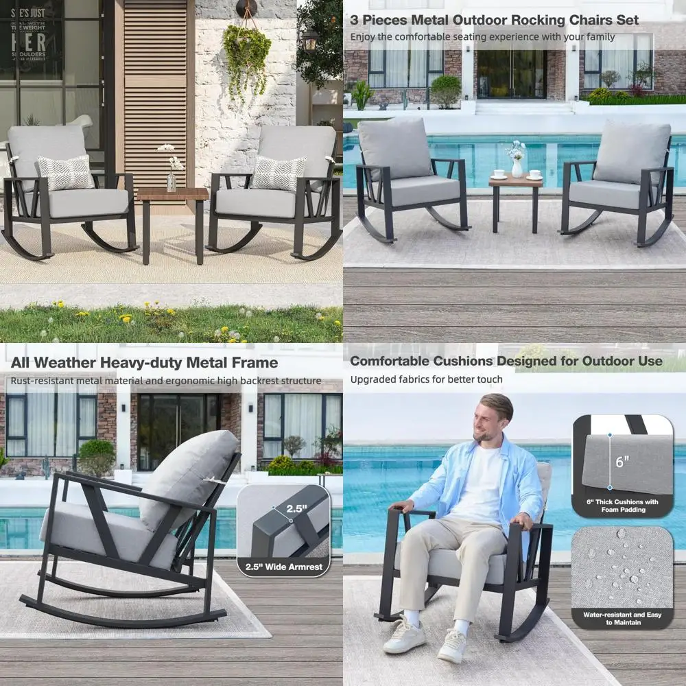 

Комплект двухсекционных кресел-качалок для патио на открытом воздухе с мебелью для крыльца из 3 предметов и толстыми подушками, включая набор для уличного бистро для кофе