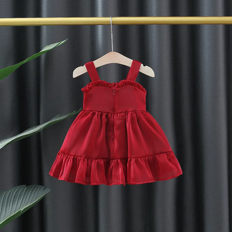 Girl\'s Summer Dress Sweet Hanging Strap Solid Color Big Bow Dress Suitable for Children Aged 80-110