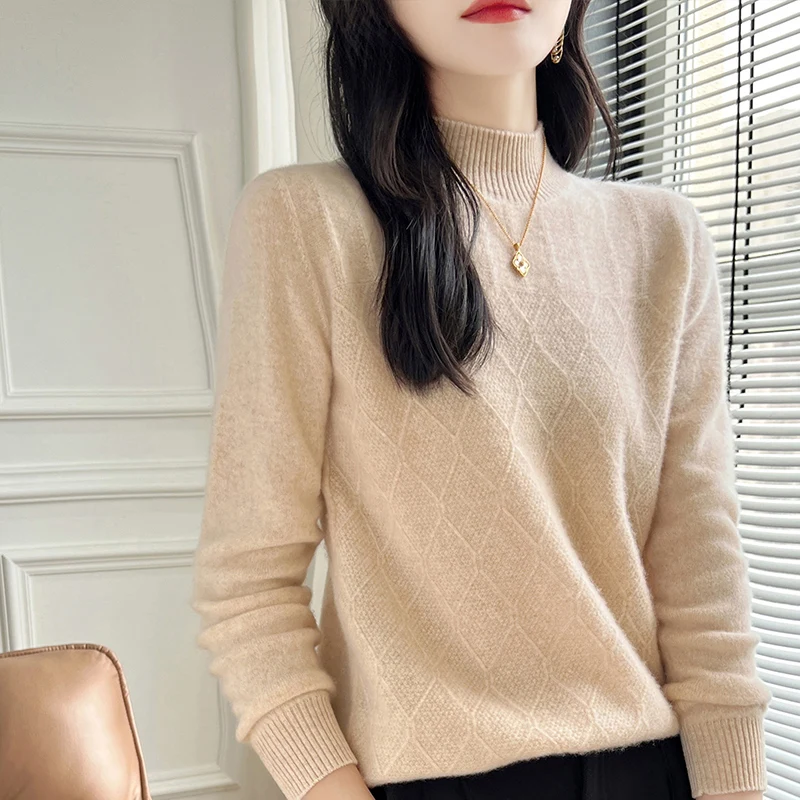 

Вязаный женский пуловер из 100% австралийской шерсти, свитер с полувысоким воротником, модный и изысканный новый женский свитер с длинными рукавами