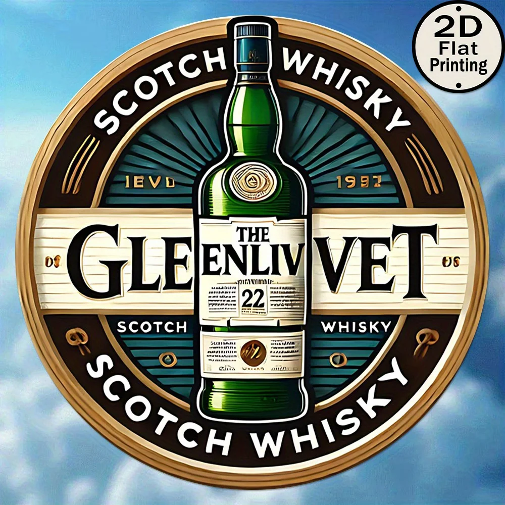 [2D Flat] 1 cartel de chapa de pared de Metal redondo Vintage 8x8 - Whisky escocés Glenlivet 22 años, estilo tradicional rústico country, Fr