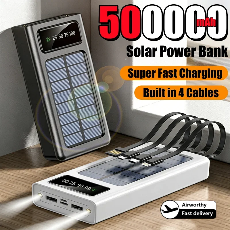 

500000 мАч Solar Power Bank большой емкости USB 4 в 1 Сверхбыстрая зарядка USB TypeC Светодиодный светильник Открытый Power Bank для iPhone 2026
