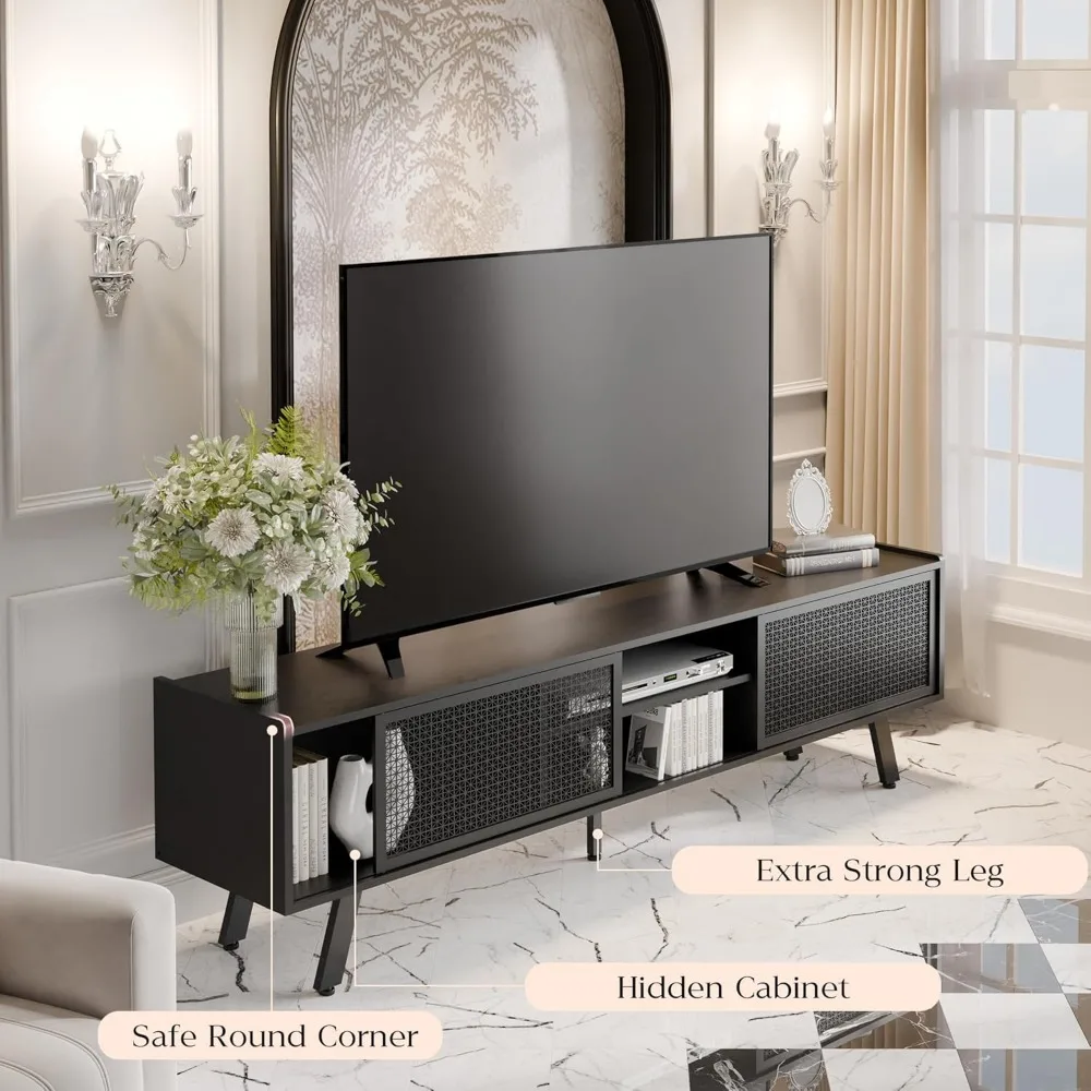 Modern Rattan TV Stand for 65-70 Inch TVs: Sliding Door Entertainment Center with Storage and Adjustable Features