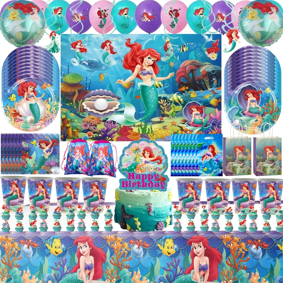 Mermaid Decoration Birthday Girl Disposable Party Tableware Plate Straws For Drink Cup Tablecloth Party Favors For Kids Birthday