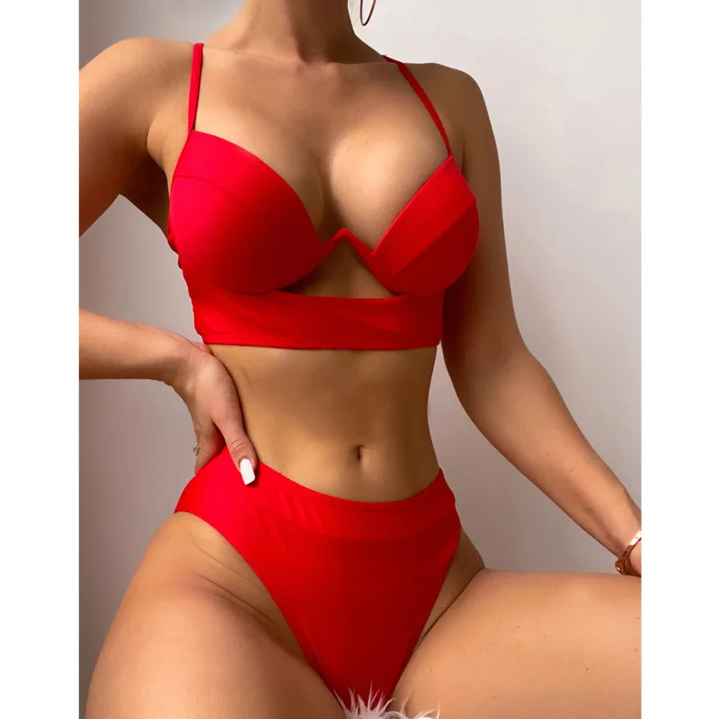 Red Sexy Bikinis Women\'s Solid Color Swimwear Female Swimsuit Swimming Bathing Suits Brazilian Bikini Set Beach Wear Bather Pool