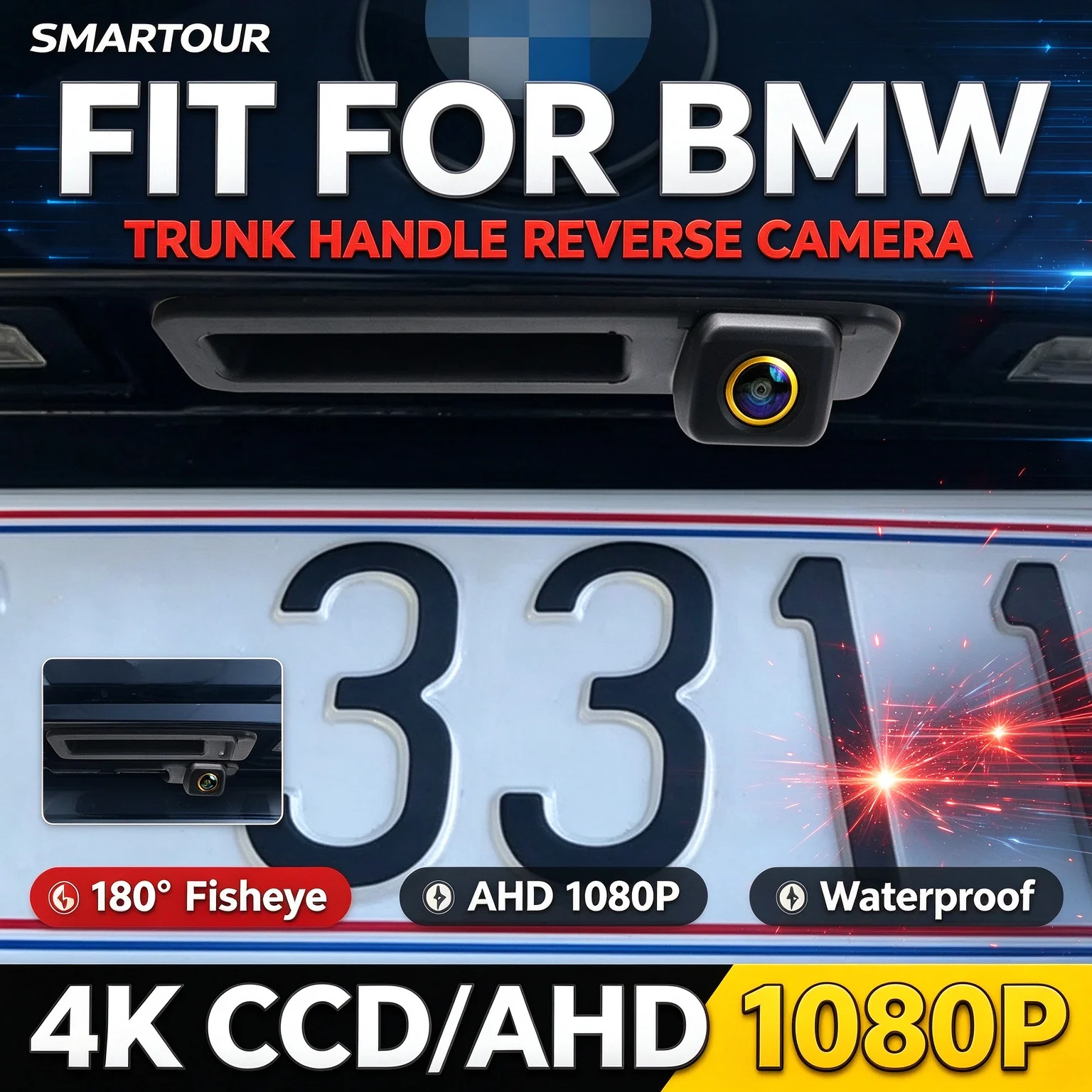 AHD 1080P Starlight Night Vision Trunk Handle Rear View Camera 180° Fisheye Waterproof Reverse Parking Camera for BMW 5 F10