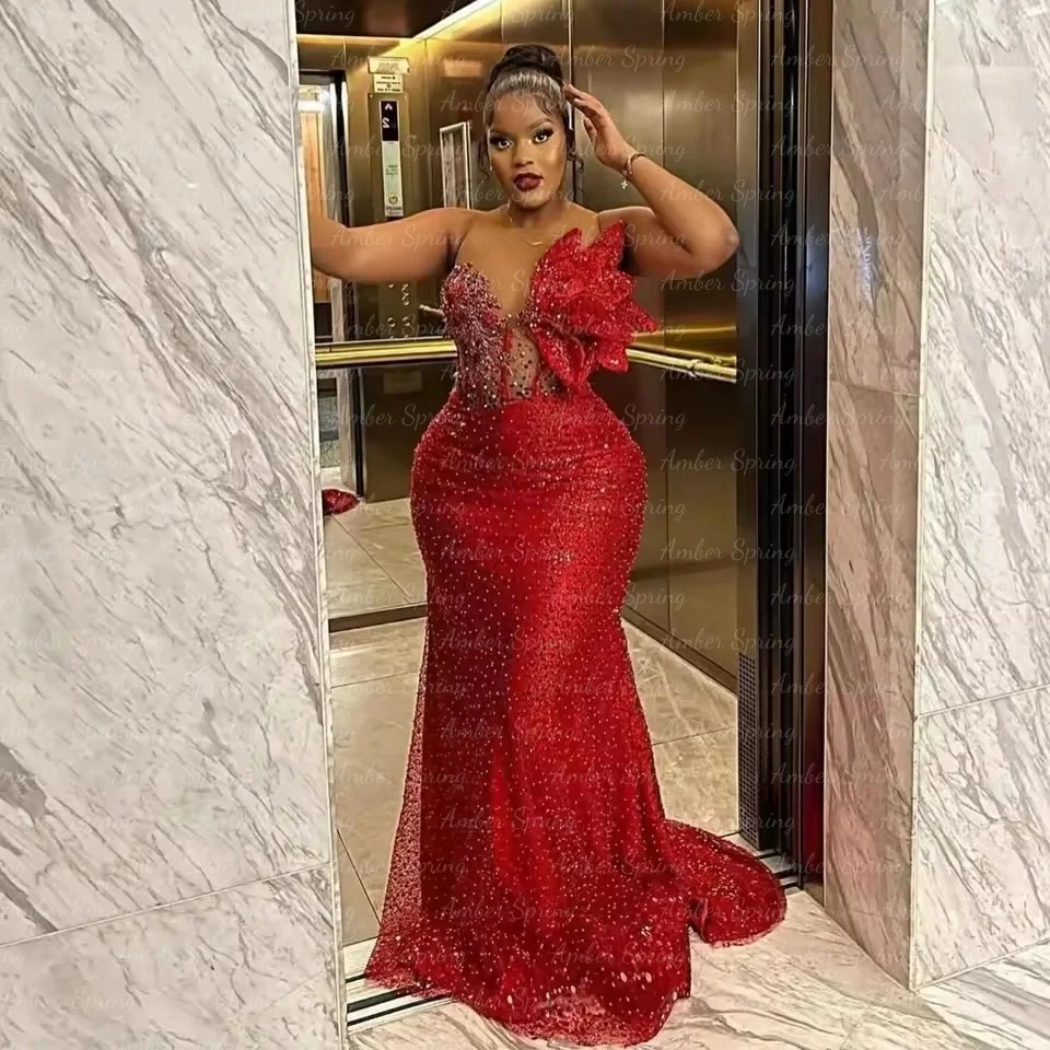 

Customized Red Evening Dresses Gorgeous Sexy Formal Wedding Party Prom Gowns Plus Size Mermaid African Aso Ebi Robe