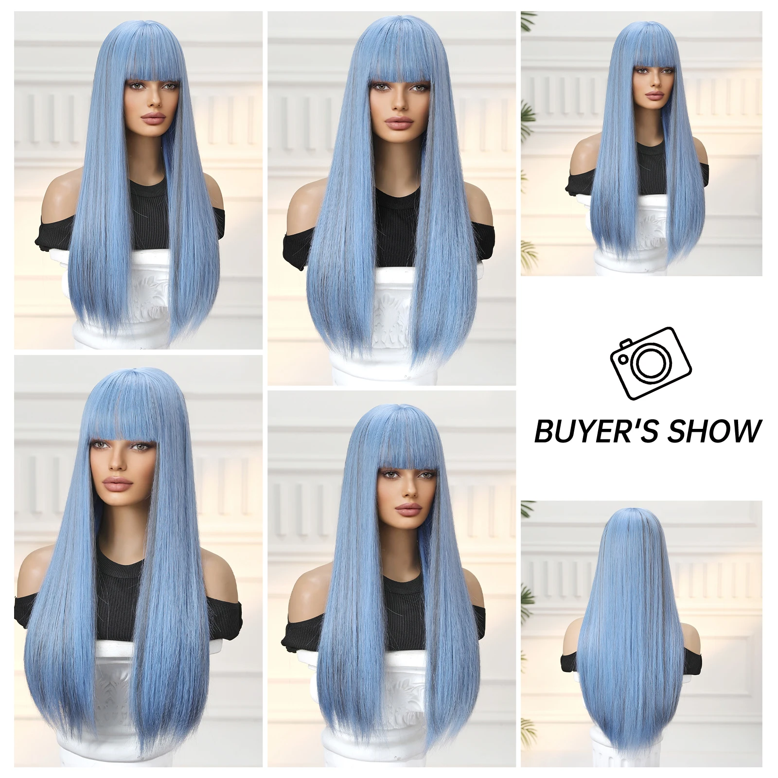 Gray Blue Long Straight Wig with Bangs Natural Thermal Synthetic Wig Bachelorette Party Wig for Women Girls Music Festival Party