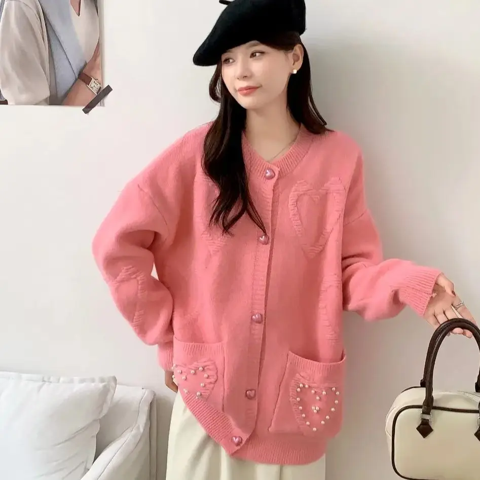 2024 Autumn/Winter new Korean loose medium long style sweater jacket women's nail bead love sweet knitted cardigan