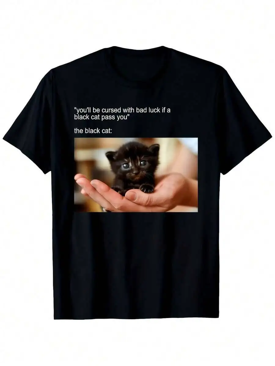 Men's And Women's Black Cat Meme T-Shirt - Pure 100% Cotton Trendy Y2K Short-Sleeve Tee-Soft, Quick-Drying, Moisture-Wicking;