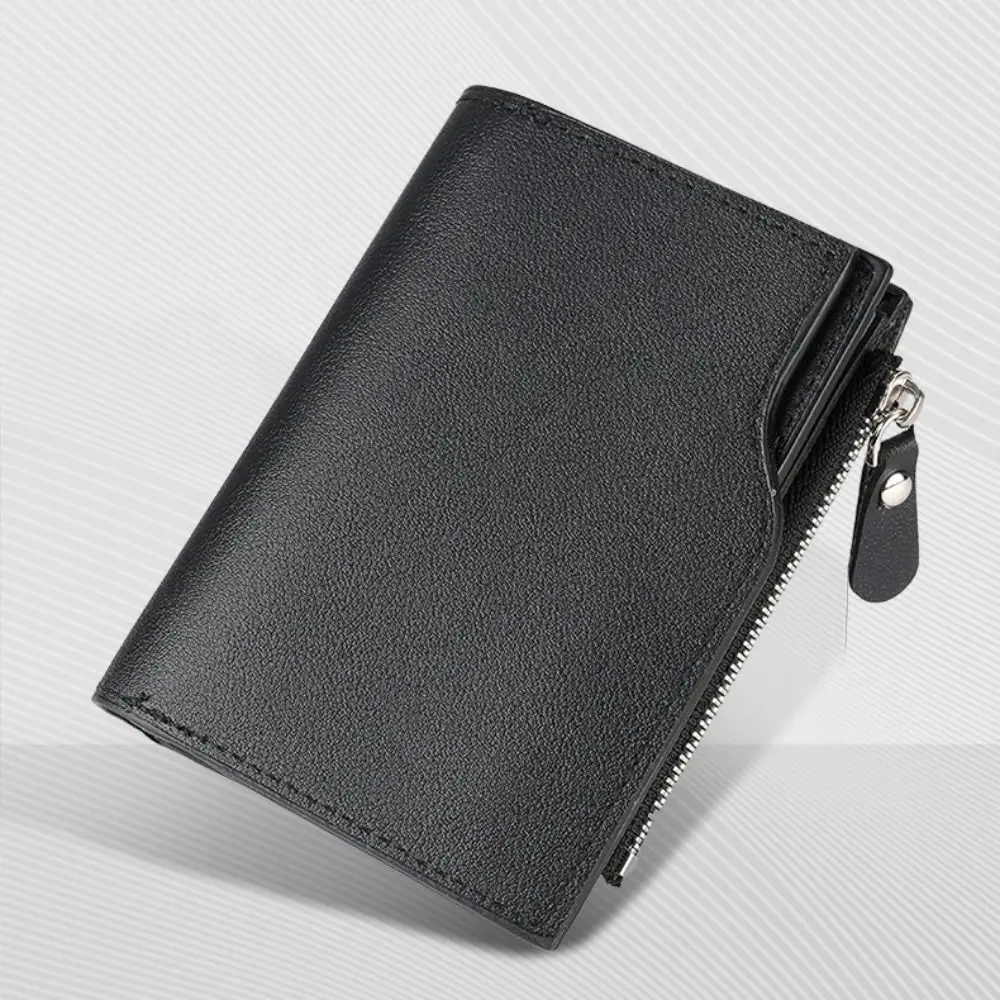 Carteira curta de couro PU da moda com zíper Bolsa de telefone fina porta-cartões de cor sólida masculina