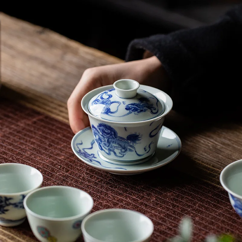 Antique Bucket Color Blue and White Glaze Red Three Cover Bowl Tea Bowl Single Household Non-hot Ceramic Kung Fu Tea Set