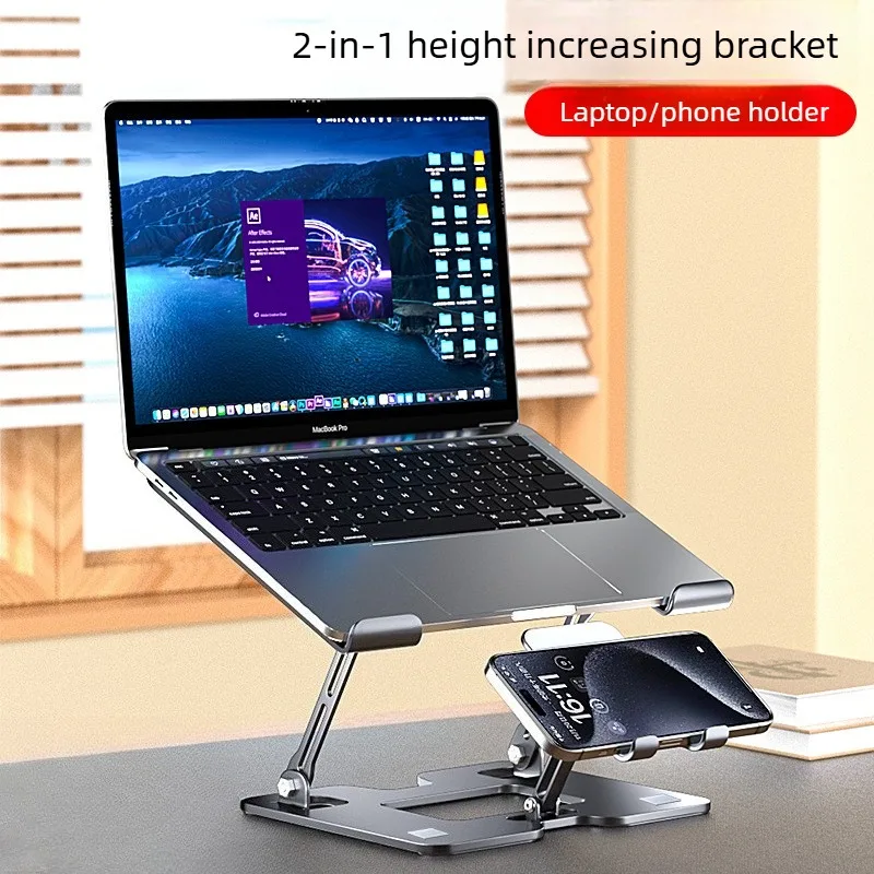Soporte para teléfono móvil y portátil, 2 en 1, altura creciente, disipación de calor Vertical, soporte plegable de acero ajustable para oficina