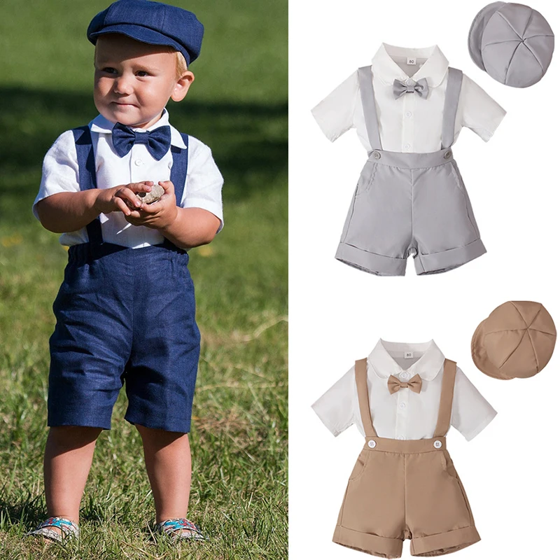 

Summer Toddler Boy Outfits Fashion Gentleman Tie Cotton Short Sleeve Tops+Shorts+Hat Children's Sets Kids Boutique Clothes BC299