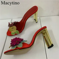 2024 Metal Heel Ladies High Heel Slippers Round Toe Flower Decor High Heel Slippers Fashion Party High Heel Slippers
