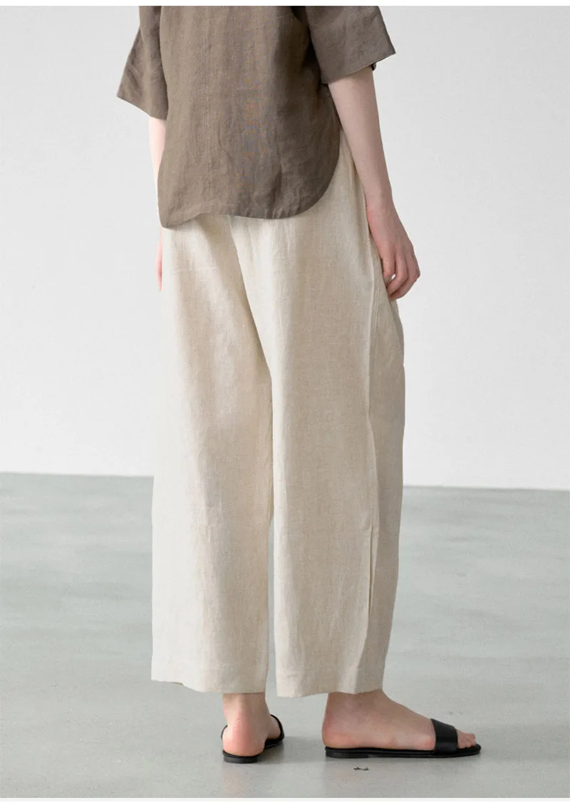 Fengbaoyu Natural 100% Linen Women's Nine-Piece Pants Loose Waist Straight Leg Loose Fit Large Size Outdoor Leisure Comfortable