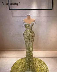 Green Crystals Stones Sequins Long Evening Dresses Arabic Glitter Sexy Illusion Special Occasion Wedding Events Party Gowns