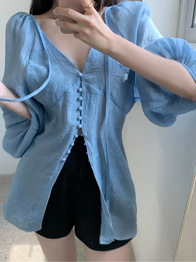 Femme coupe ample bulle Sve irt v-ne cravate taille bouton unique Ele Sle Long Sve couleur trajet Faion