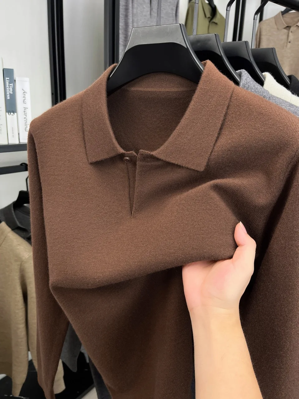 Herren Wollmischung Polo-Pullover Schwergewichtiger Warmer Strickpullover Anti-Pilling Weicher Griff Langarm-Pullover Herbst Winter – Detail 21