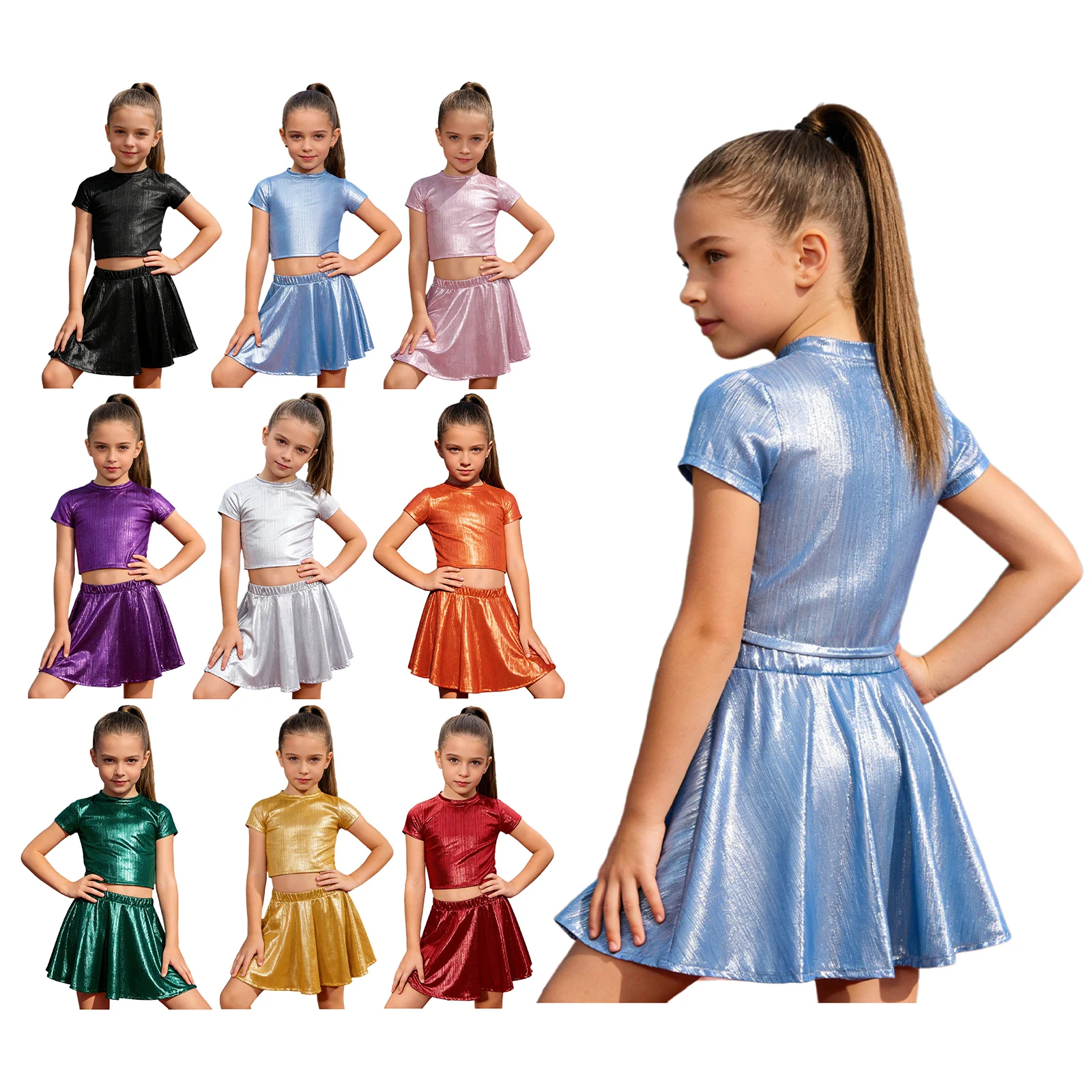 Big Girls 2Pcs Jazz Dance Performance Outfit Sleeveless Crop Top+Ruffled Skirt Set for Hip-hop Cheerleading Dance Stage Show