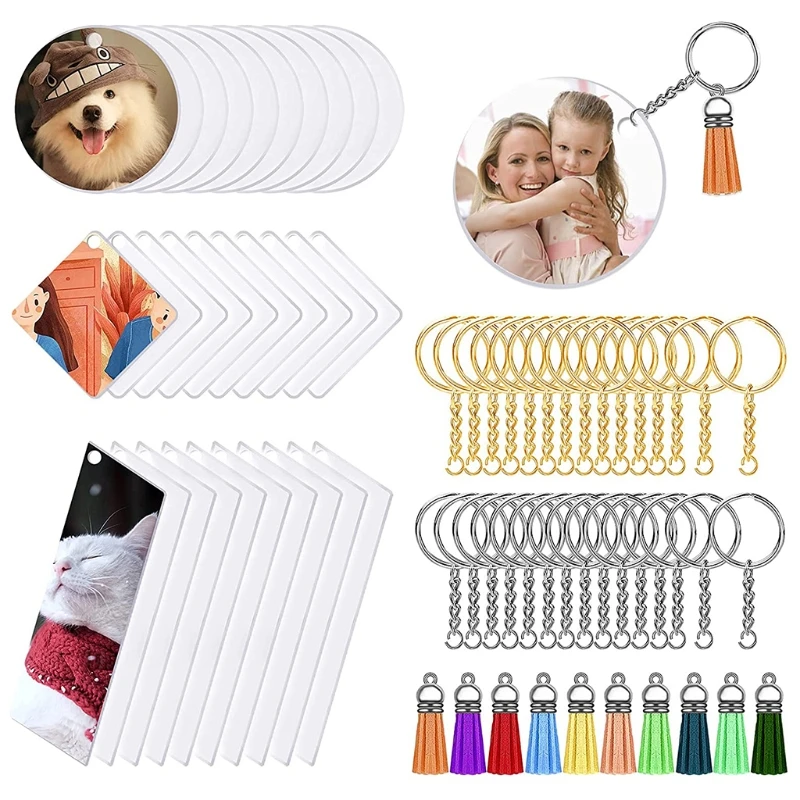 54pcs Acrylic Keychain Blank Acrylic Transparent Ornament Pendants and Round Keychain Tassels Jump Rings Set for DIY Craft