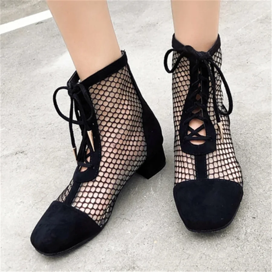 2024 Fashion Mesh Women Summer Boots Hollow Out Gladiator Sandals Chunky Heel Lace-up Ankle Boots Ladies Short Booties Shoes