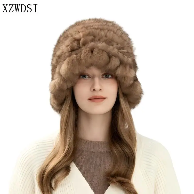 

Осенне-зимняя теплая плюшевая меховая вязаная панама, женская шапка из натурального меха кролика с облаком