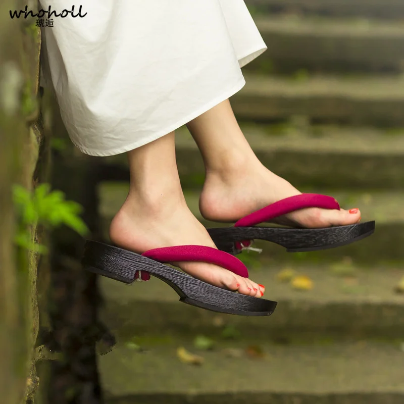 WHOHOLL Anime Cosplay Wooden Geta Summer Women Flat Sandals Traditional Japanese colgs Shoes Geisha Geta Flip-flops Coser Shoes