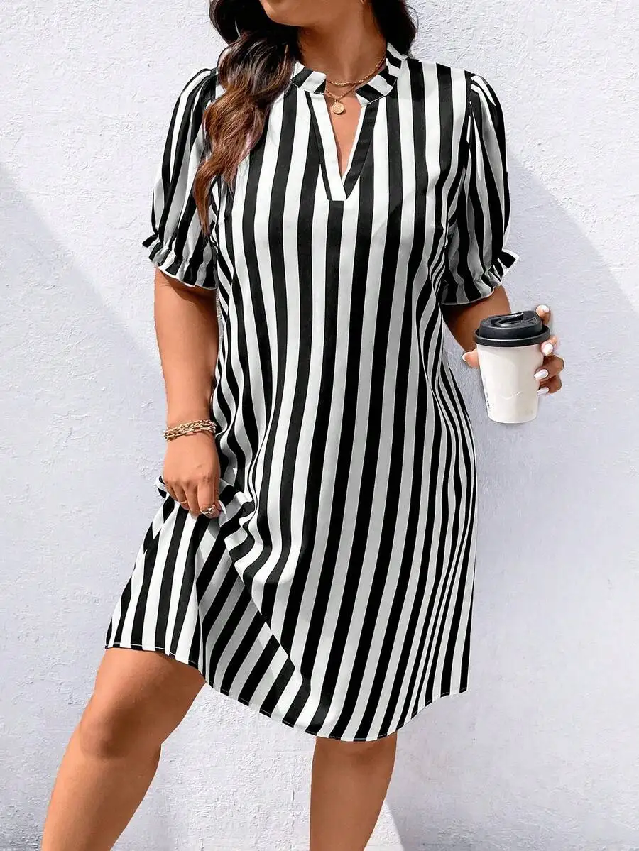 

Plus Size Summer Casual Striped Notched Neck Puff Sleeve Dress