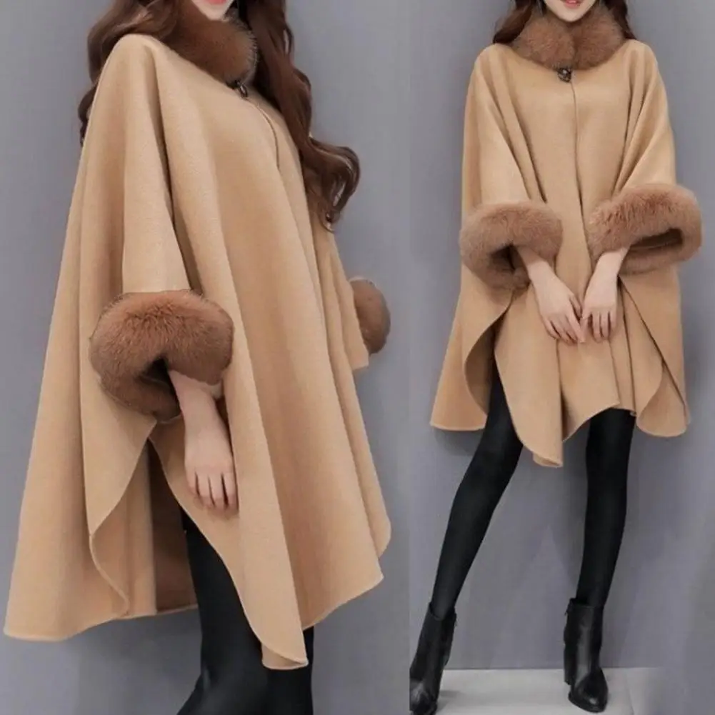 

Women Cape Coat Faux Fur Collar and Cuff Temperament Warm Coat Autumn Winter Loose-fitting Mid-length Poncho Coat Streetwear