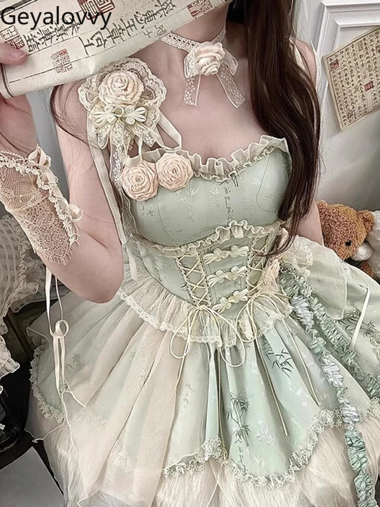 สีเขียวพิมพ์ใหม่สไตล์จีน Elegant Fairy Lolita แขนกุดเอวสูงชุด Lolita สาวหวาน LACE-up ชุดเจ้าหญิง