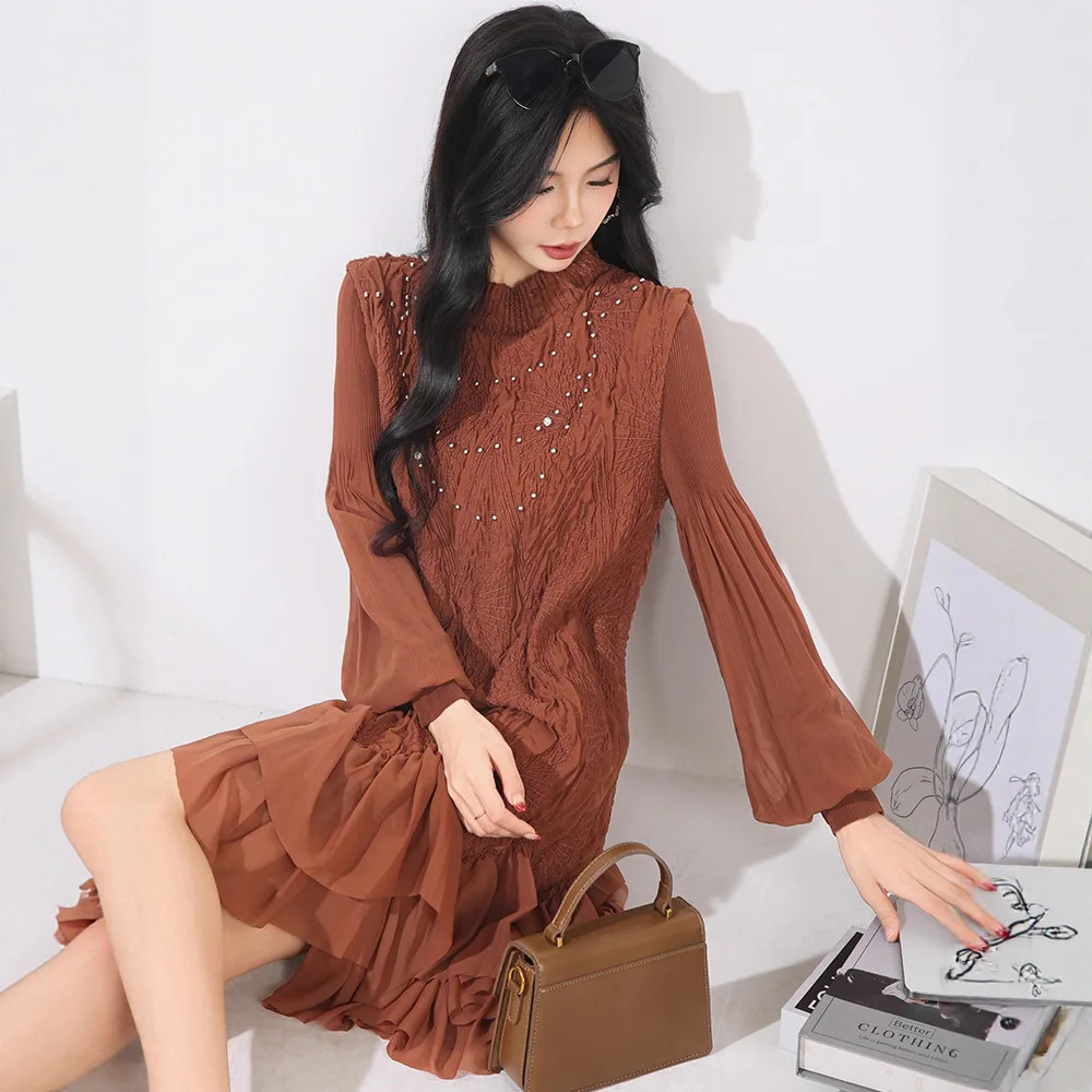 

Miyake style Coffee Beading Design Pleated Dress For Women Chic New Stand Collar Embroidery Lantern Sleeve Famale Clothing