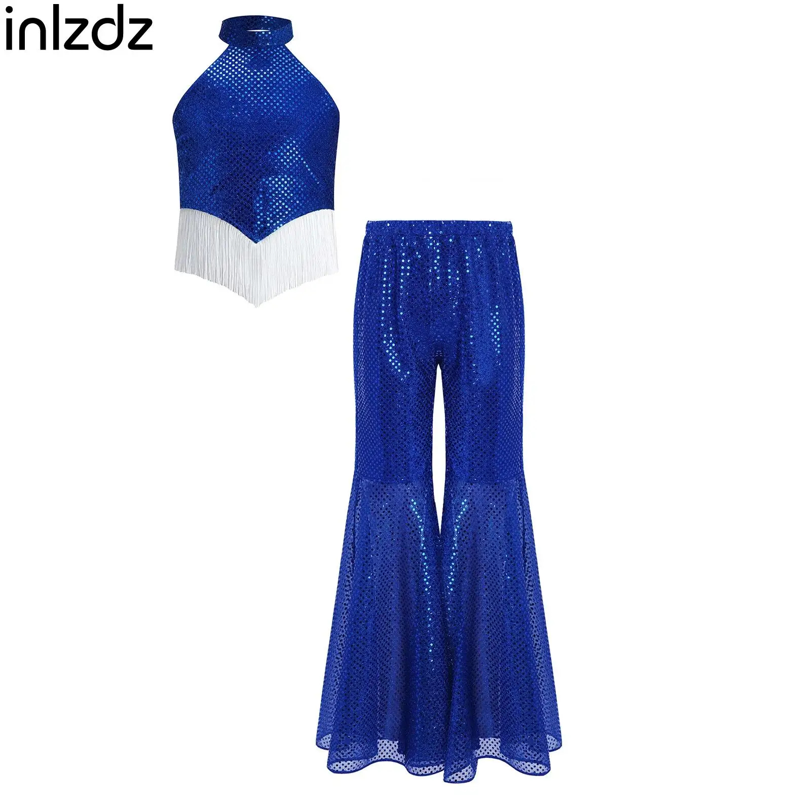 

Детский костюм для джазовых танцев для девочек, комплект для выступлений на сцене, топ без рукавов с бахромой и пайетками, с брюками-клеш