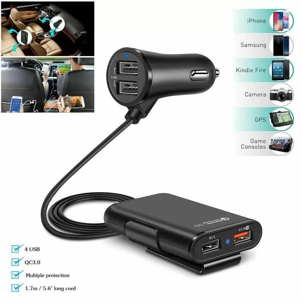 Car Charger 4 Port USB Hub Extending 1.7m/5.6ft Extension Cable Passenger Front Back Car Fast Charging