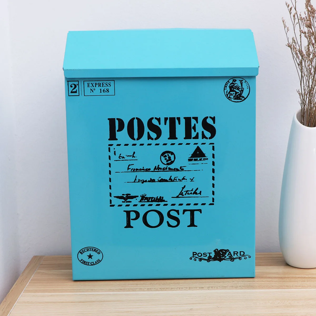 

Vintage Iron Post Box Blue Wall Mounted Locking Mailbox Letterbox Old Style Decorative Mailbox Home Wall Ornament