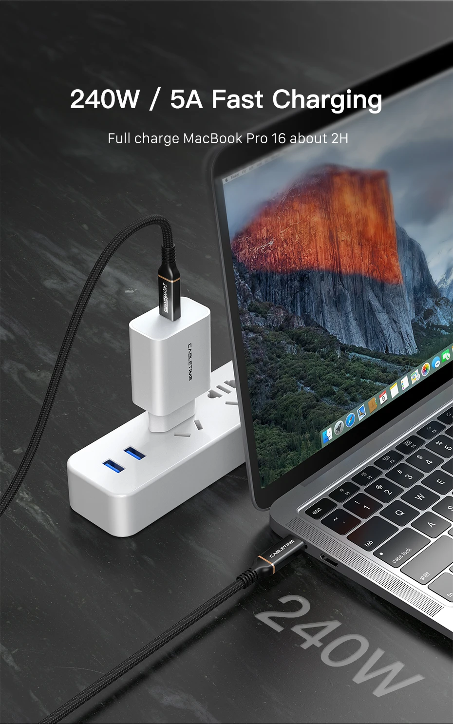 CABLETIME USB4-Kabel für Laptop, MacBook, Dock, 40 Gbit/s, unterstützt 8K, 60 Hz, PD240 W, schnelles Aufladen, Thunderbolt 3/4, USB 4.0, USB C zu C – Detail 10