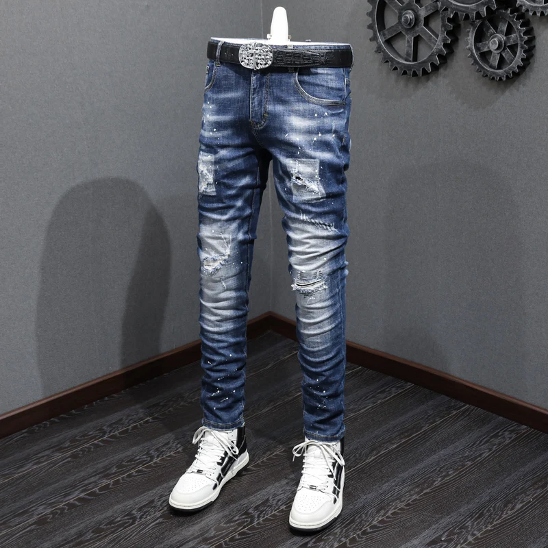 Fashion Designer Men Jeans Retro Washed Blue Stretch Skinny Ripped Jeans Men Patched Vintage Denim Pants Hombre Trendy Trousers