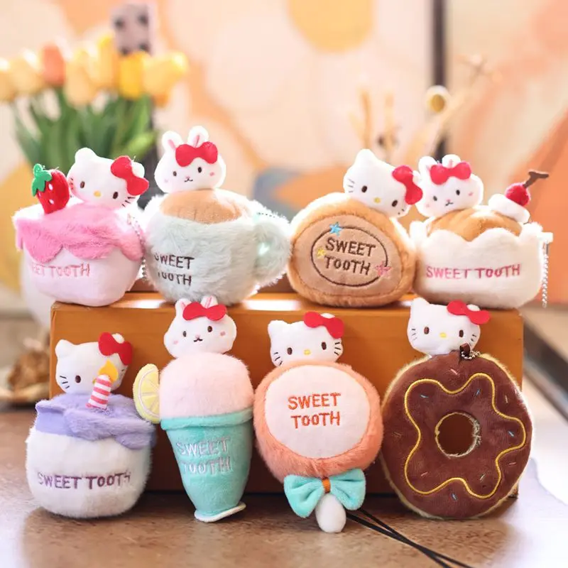 Sanrio Hello Kitty serie de dientes dulces pastel té de la tarde Kawaii juguete de peluche suave colgante creatividad puerta de casa llavero de coche regalo