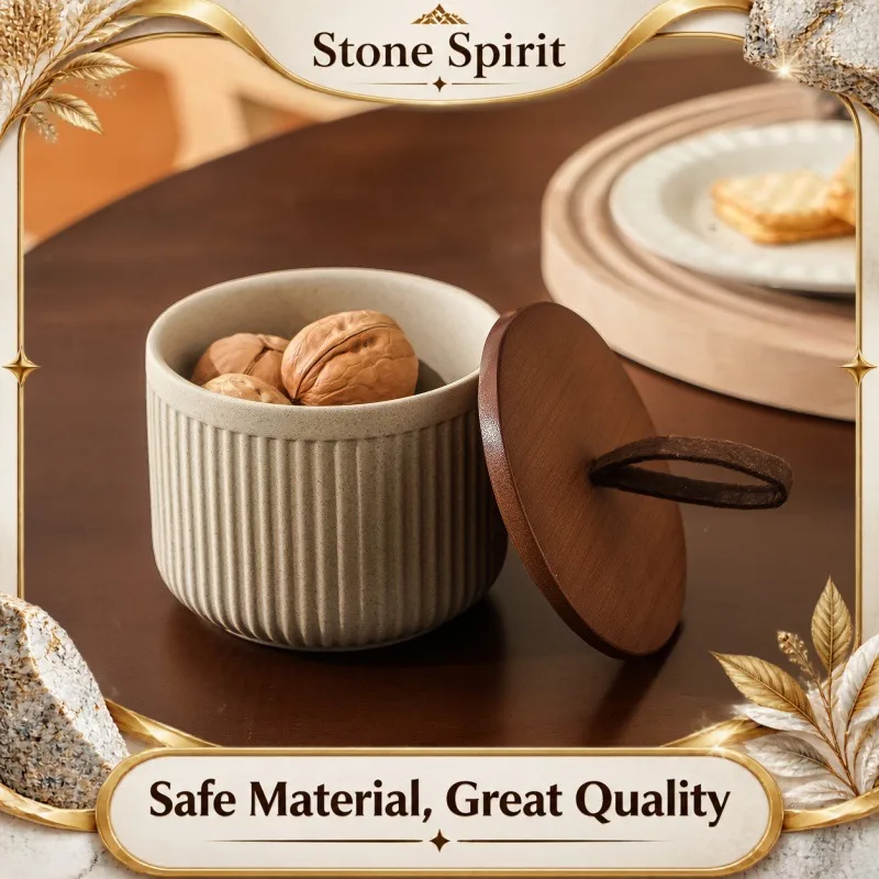 Rustic Stoneware Canister with Walnut Lid, Airtight Dry Food Storage Jar for Nuts Snacks, Farmhouse Kitchen Pantry Organization