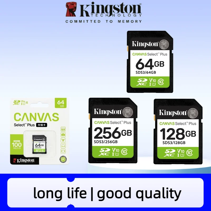 Kingston Canvas Select Plus SD Card 32GB 64GB 128GB 256GB Memory Card Up to 100MB/s read SDS2 Flash Card C10 for Camera